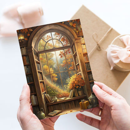 Vykort för postcrossing, scrapbooking & dekoration - Höst Bibliotek Fönster PC635