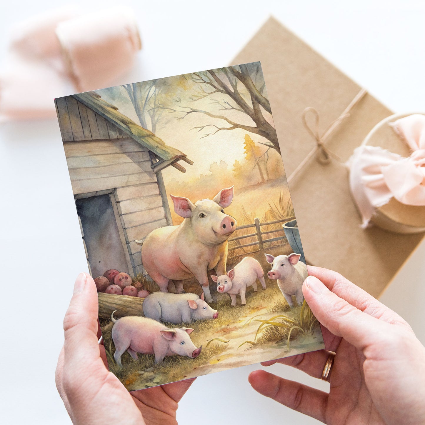 Vykort för postcrossing, scrapbooking & dekoration - Grisfamilj PC649