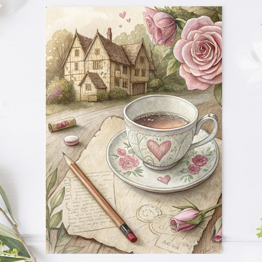 Vykort för postcrossing, scrapbooking & dekoration - Cottage Core Tea PC676