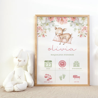 Personlig Doptavla Sovande Rådjur – Rosa Födelsetavla & Doppresent | Tryckt Baby Poster i olika storlekar