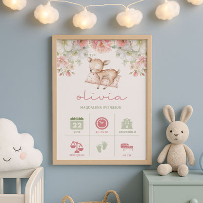 Personlig Doptavla Sovande Rådjur – Rosa Födelsetavla & Doppresent | Tryckt Baby Poster i olika storlekar