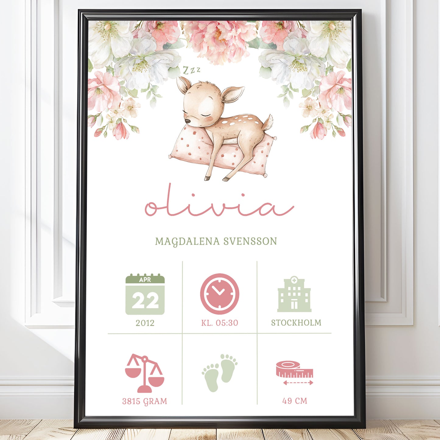 Personlig Doptavla Sovande Rådjur – Rosa Födelsetavla & Doppresent | Tryckt Baby Poster i olika storlekar