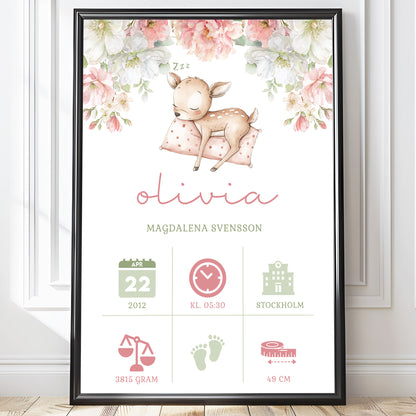 Personlig Doptavla Sovande Rådjur – Rosa Födelsetavla & Doppresent | Tryckt Baby Poster i olika storlekar