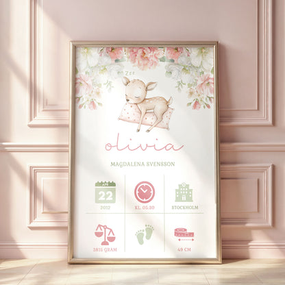 Personlig Doptavla Sovande Rådjur – Rosa Födelsetavla & Doppresent | Tryckt Baby Poster i olika storlekar