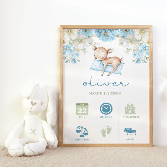 Personlig Doptavla Sovande Rådjur – Blå Födelsetavla & Doppresent | Tryckt Baby Poster i olika storlekar