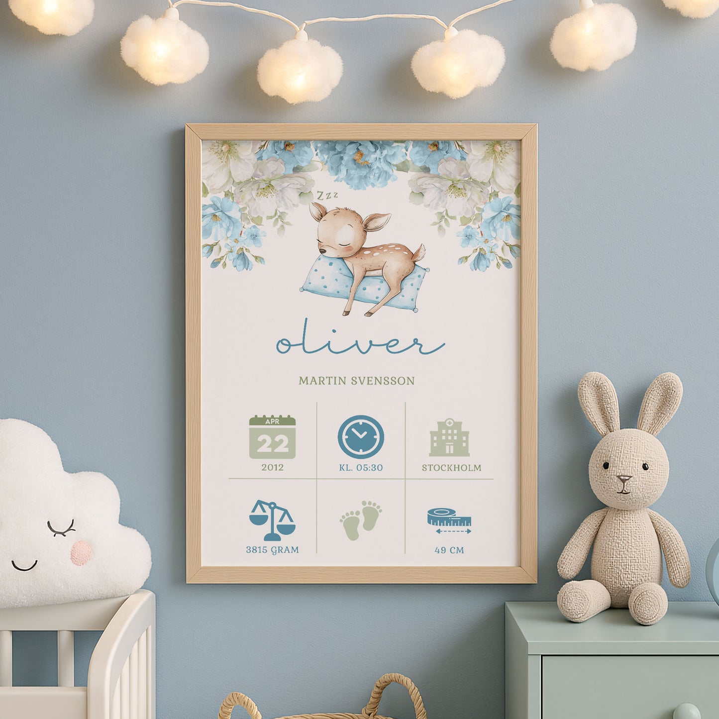 Personlig Doptavla Sovande Rådjur – Blå Födelsetavla & Doppresent | Tryckt Baby Poster i olika storlekar