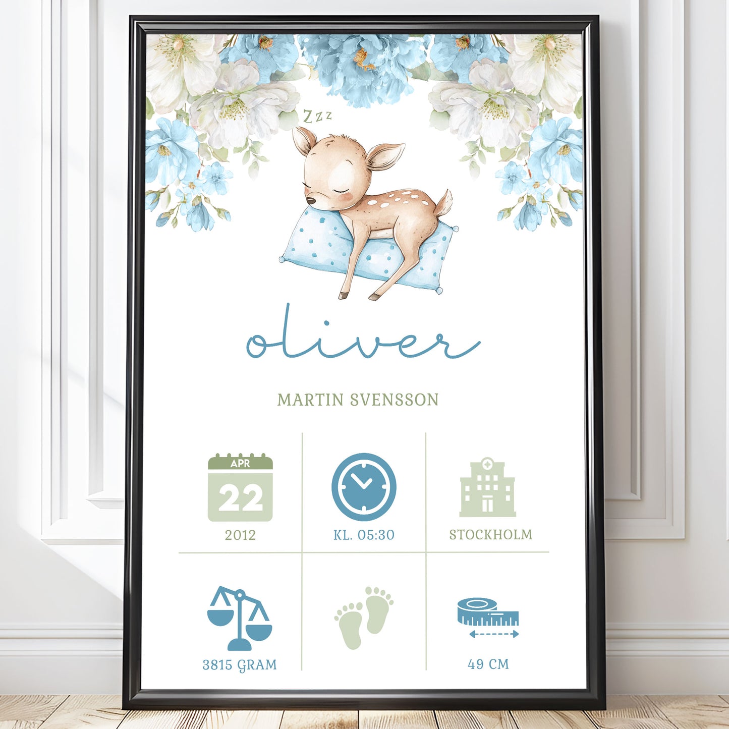 Personlig Doptavla Sovande Rådjur – Blå Födelsetavla & Doppresent | Tryckt Baby Poster i olika storlekar