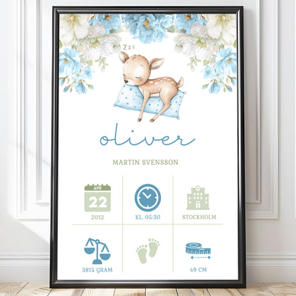 Personlig Doptavla Sovande Rådjur – Blå Födelsetavla & Doppresent | Tryckt Baby Poster i olika storlekar