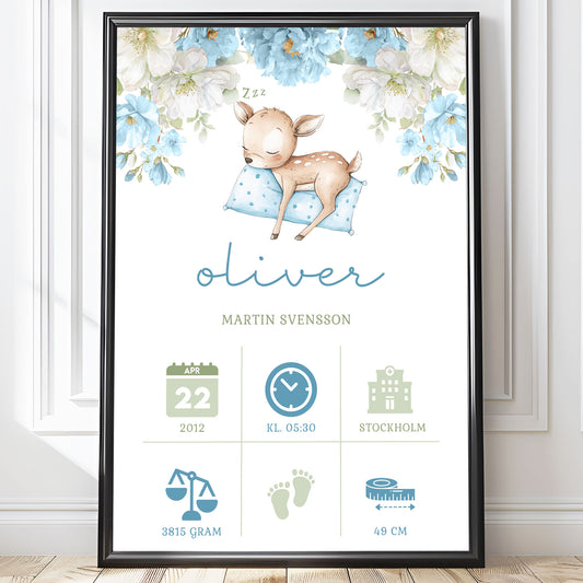 Personlig Födelsetavla Barn - Rådjur Blå – Doptavla & Doppresent | Adorabelle
