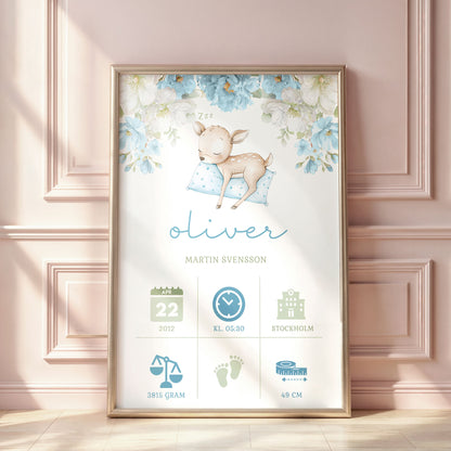 Personlig Doptavla Sovande Rådjur – Blå Födelsetavla & Doppresent | Tryckt Baby Poster i olika storlekar