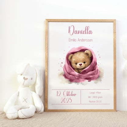 Personlig Doptavla Söt Teddybjörn – Rosa Födelsetavla & Doppresent | Tryckt Baby Poster i olika storlekar