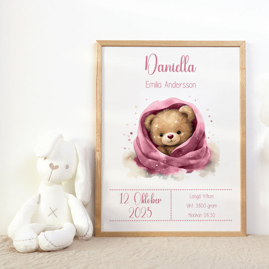 Personlig Doptavla Söt Teddybjörn – Rosa Födelsetavla & Doppresent | Tryckt Baby Poster i olika storlekar