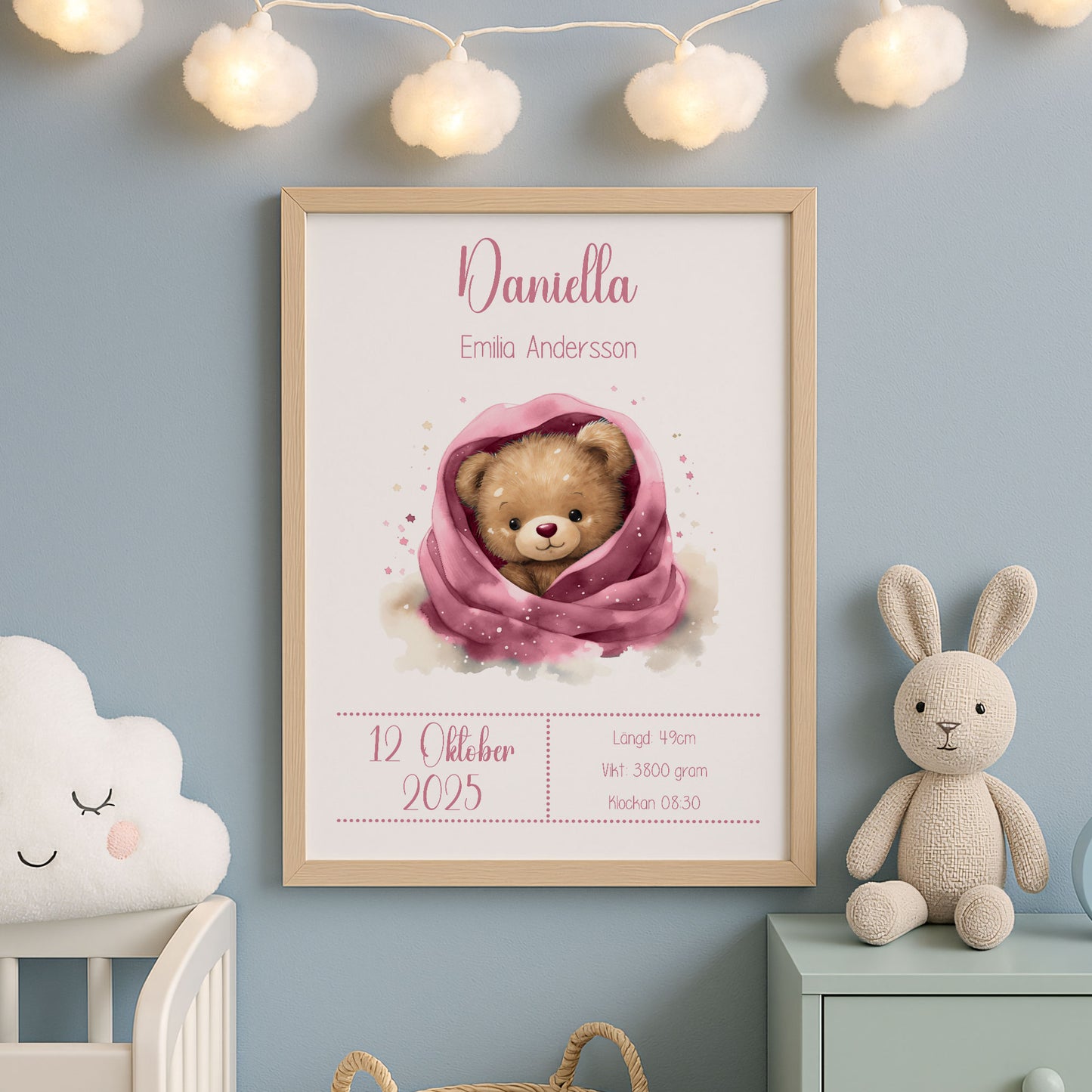 Personlig Doptavla Söt Teddybjörn – Rosa Födelsetavla & Doppresent | Tryckt Baby Poster i olika storlekar