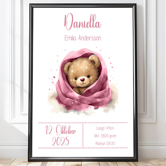 Personlig Födelsetavla Barn - Rosa Björn – Doptavla & Doppresent | Adorabelle