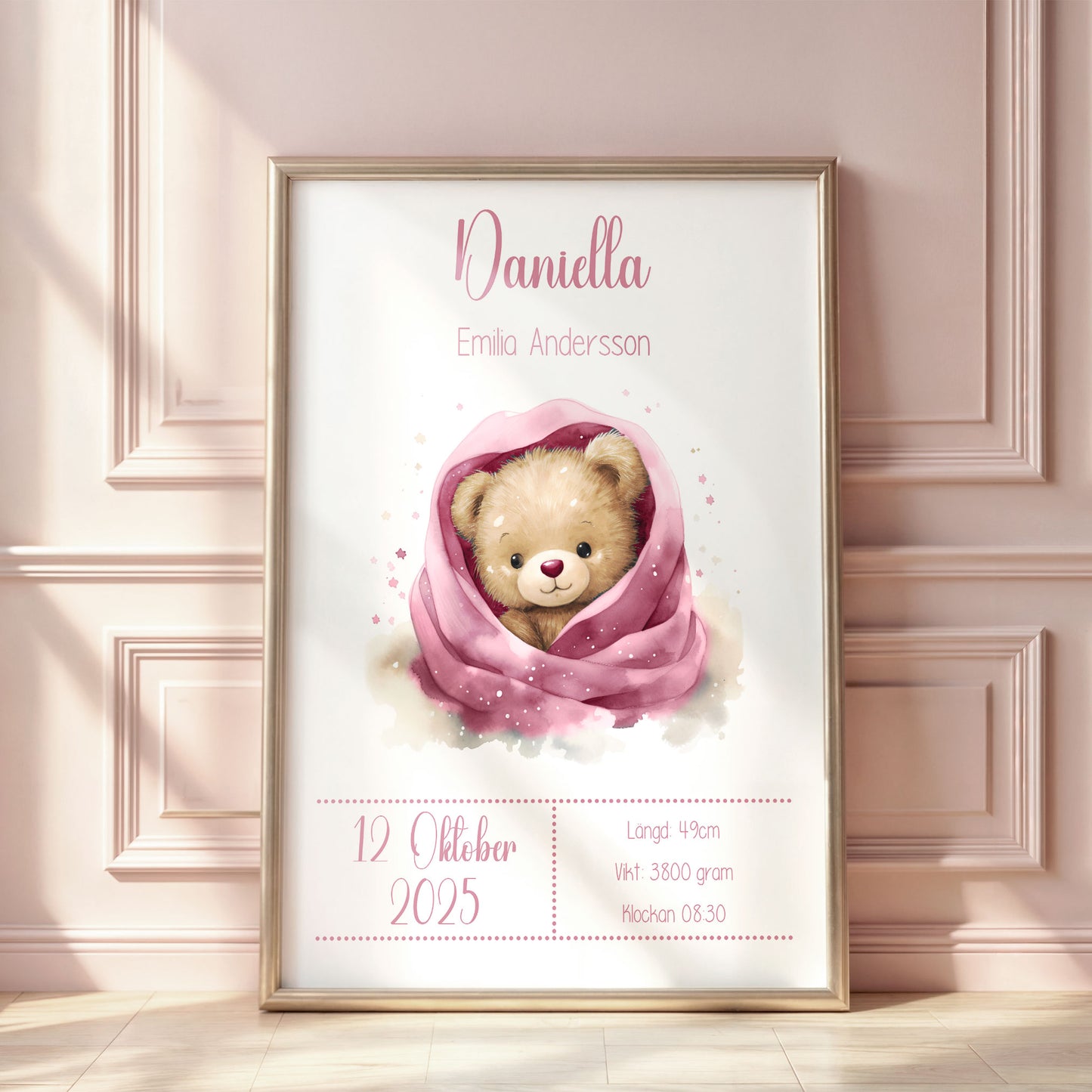 Personlig Doptavla Söt Teddybjörn – Rosa Födelsetavla & Doppresent | Tryckt Baby Poster i olika storlekar