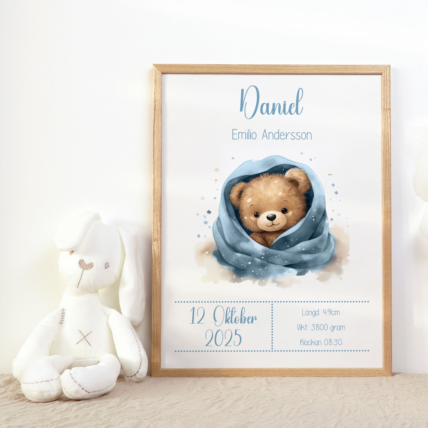Personlig Doptavla Söt Teddybjörn – Blå Födelsetavla & Doppresent | Tryckt Baby Poster i olika storlekar