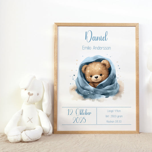 Personlig Doptavla Söt Teddybjörn – Blå Födelsetavla & Doppresent | Tryckt Baby Poster i olika storlekar