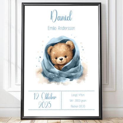 Personlig Doptavla Söt Teddybjörn – Blå Födelsetavla & Doppresent | Tryckt Baby Poster i olika storlekar