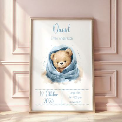 Personlig Doptavla Söt Teddybjörn – Blå Födelsetavla & Doppresent | Tryckt Baby Poster i olika storlekar