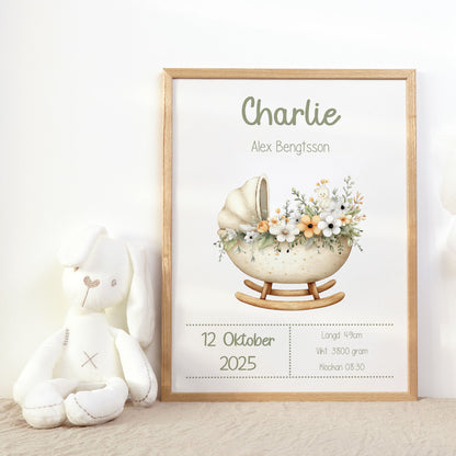 Personlig Doptavla Boho Vagga – Könsneutral Födelsetavla & Doppresent | Tryckt Baby Poster i olika storlekar