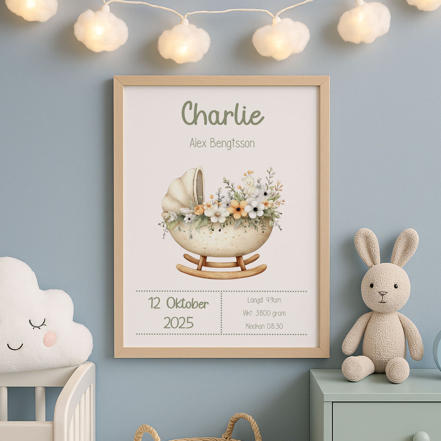 Personlig Doptavla Boho Vagga – Könsneutral Födelsetavla & Doppresent | Tryckt Baby Poster i olika storlekar