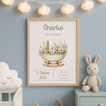 Personlig Doptavla Boho Vagga – Könsneutral Födelsetavla & Doppresent | Tryckt Baby Poster i olika storlekar