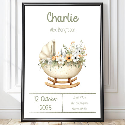 Personlig Doptavla Boho Vagga – Könsneutral Födelsetavla & Doppresent | Tryckt Baby Poster i olika storlekar