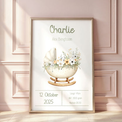 Personlig Doptavla Boho Vagga – Könsneutral Födelsetavla & Doppresent | Tryckt Baby Poster i olika storlekar