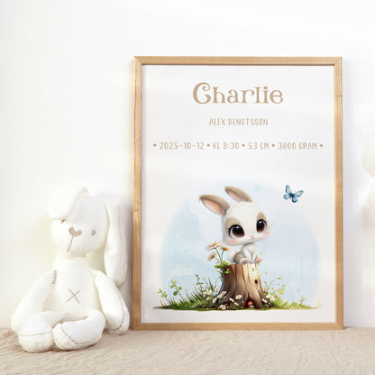 Personlig Doptavla Liten Kanin  – Könsneutral Födelsetavla & Doppresent | Tryckt Baby Poster i olika storlekar