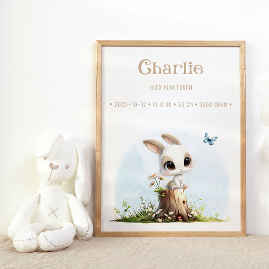 Personlig Doptavla Liten Kanin  – Könsneutral Födelsetavla & Doppresent | Tryckt Baby Poster i olika storlekar