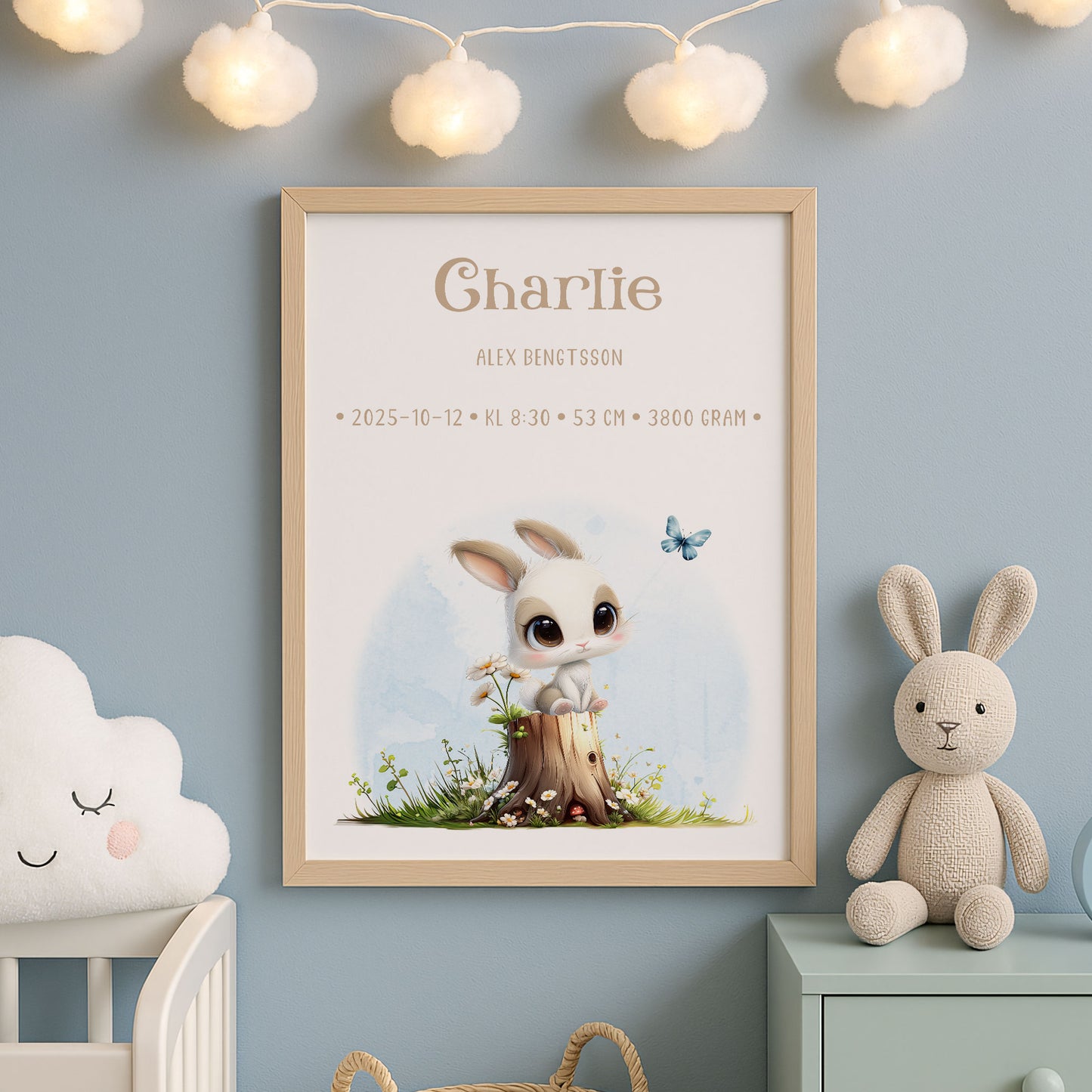 Personlig Doptavla Liten Kanin  – Könsneutral Födelsetavla & Doppresent | Tryckt Baby Poster i olika storlekar