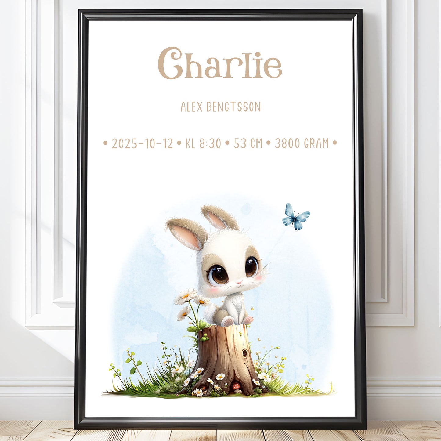 Personlig Doptavla Liten Kanin  – Könsneutral Födelsetavla & Doppresent | Tryckt Baby Poster i olika storlekar