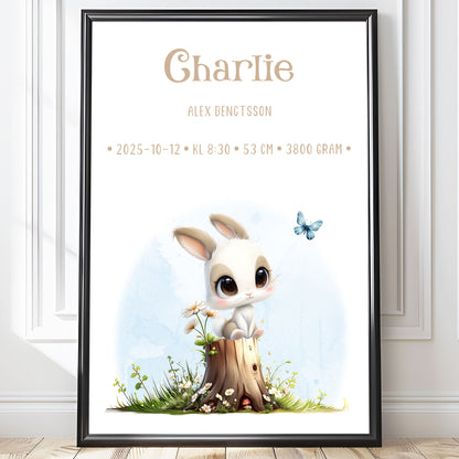 Personlig Doptavla Liten Kanin  – Könsneutral Födelsetavla & Doppresent | Tryckt Baby Poster i olika storlekar