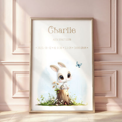 Personlig Doptavla Liten Kanin  – Könsneutral Födelsetavla & Doppresent | Tryckt Baby Poster i olika storlekar