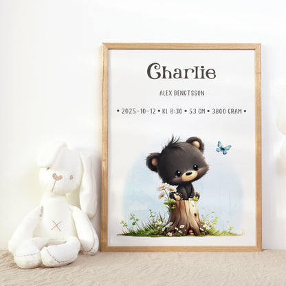 Personlig Doptavla Liten Björn – Könsneutral Födelsetavla & Doppresent | Tryckt Baby Poster i olika storlekar