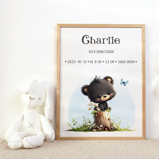 Personlig Doptavla Liten Björn – Könsneutral Födelsetavla & Doppresent | Tryckt Baby Poster i olika storlekar