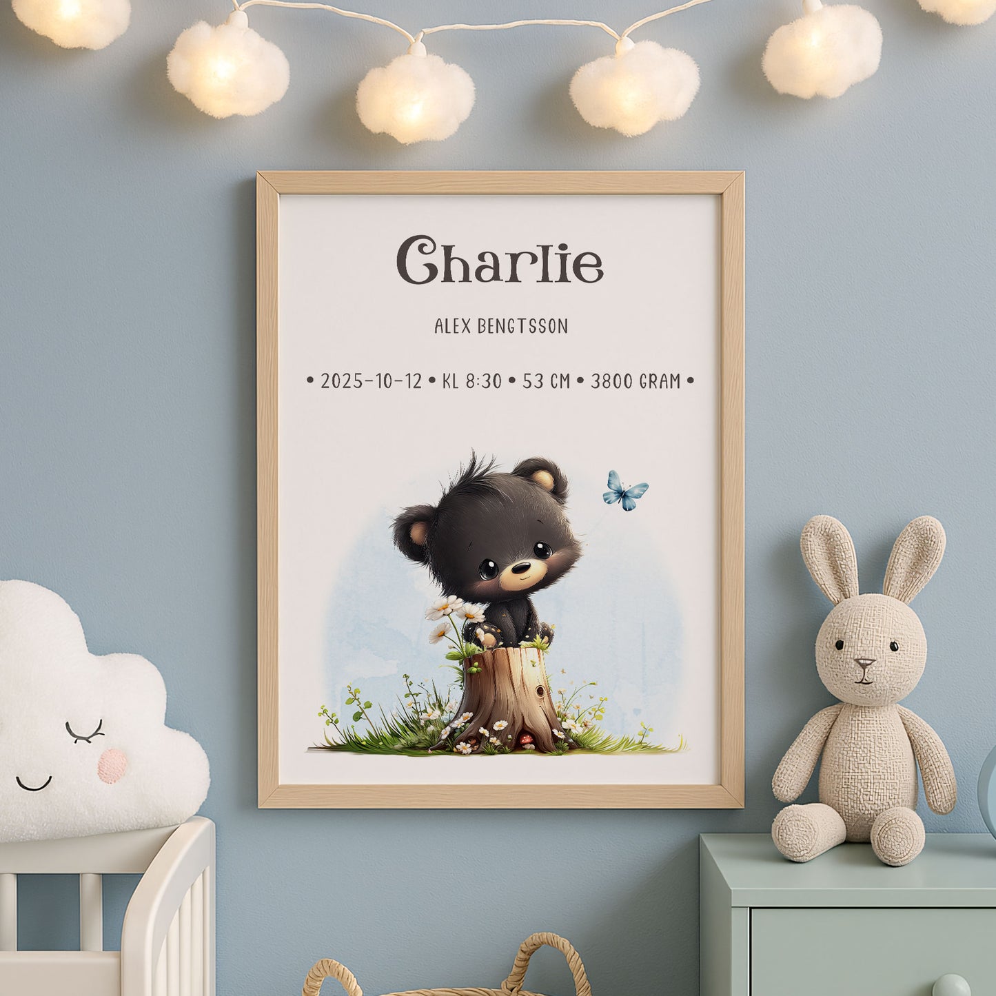 Personlig Doptavla Liten Björn – Könsneutral Födelsetavla & Doppresent | Tryckt Baby Poster i olika storlekar