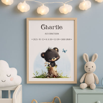 Personlig Doptavla Liten Björn – Könsneutral Födelsetavla & Doppresent | Tryckt Baby Poster i olika storlekar