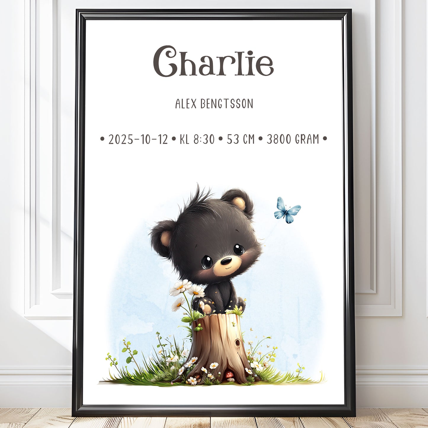Personlig Doptavla Liten Björn – Könsneutral Födelsetavla & Doppresent | Tryckt Baby Poster i olika storlekar