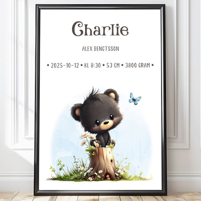Personlig Doptavla Liten Björn – Könsneutral Födelsetavla & Doppresent | Tryckt Baby Poster i olika storlekar