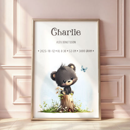 Personlig Doptavla Liten Björn – Könsneutral Födelsetavla & Doppresent | Tryckt Baby Poster i olika storlekar