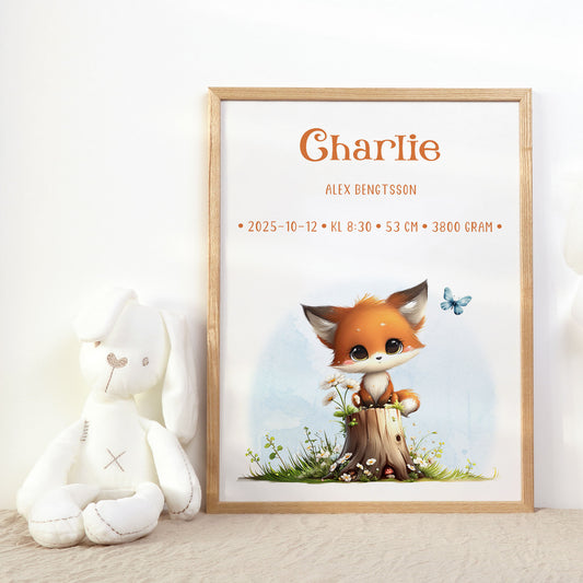 Personlig Doptavla Liten Räv – Könsneutral Födelsetavla & Doppresent | Tryckt Baby Poster i olika storlekar