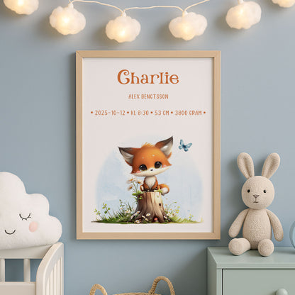 Personlig Doptavla Liten Räv – Könsneutral Födelsetavla & Doppresent | Tryckt Baby Poster i olika storlekar