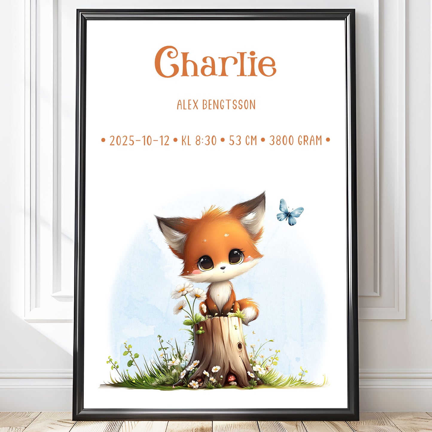 Personlig Doptavla Liten Räv – Könsneutral Födelsetavla & Doppresent | Tryckt Baby Poster i olika storlekar