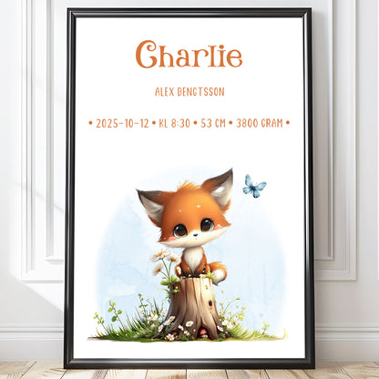 Personlig Doptavla Liten Räv – Könsneutral Födelsetavla & Doppresent | Tryckt Baby Poster i olika storlekar