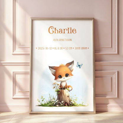 Personlig Doptavla Liten Räv – Könsneutral Födelsetavla & Doppresent | Tryckt Baby Poster i olika storlekar