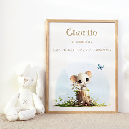 Personlig Doptavla Liten Mus – Könsneutral Födelsetavla & Doppresent | Tryckt Baby Poster i olika storlekar