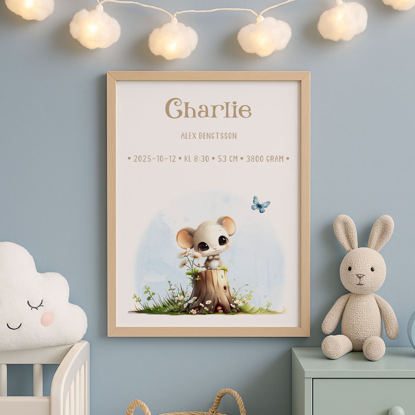 Personlig Doptavla Liten Mus – Könsneutral Födelsetavla & Doppresent | Tryckt Baby Poster i olika storlekar