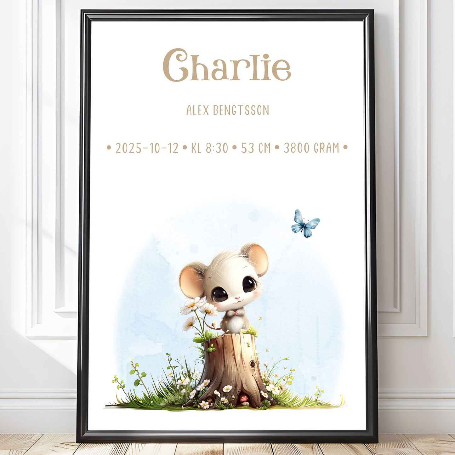 Personlig Doptavla Liten Mus – Könsneutral Födelsetavla & Doppresent | Tryckt Baby Poster i olika storlekar
