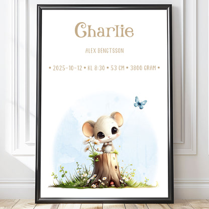 Personlig Doptavla Liten Mus – Könsneutral Födelsetavla & Doppresent | Tryckt Baby Poster i olika storlekar